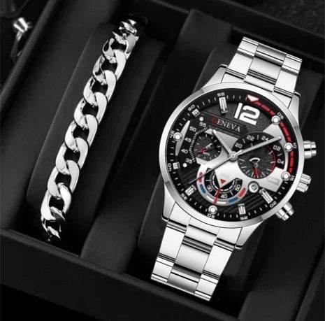 2pcs Men's New Popular Steel Strip Fashion Business Three Eye Quartz Watch Bracelet Set Valentine's Day Gifts - Velora