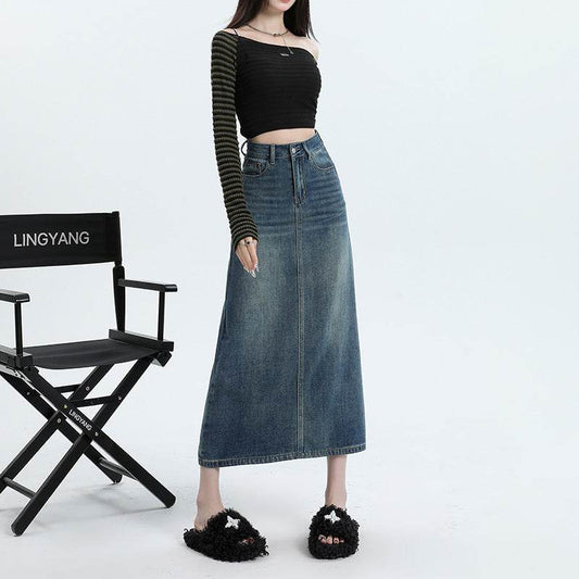 High Waisted Denim Skirt Long Cotton Solid Style - Velora