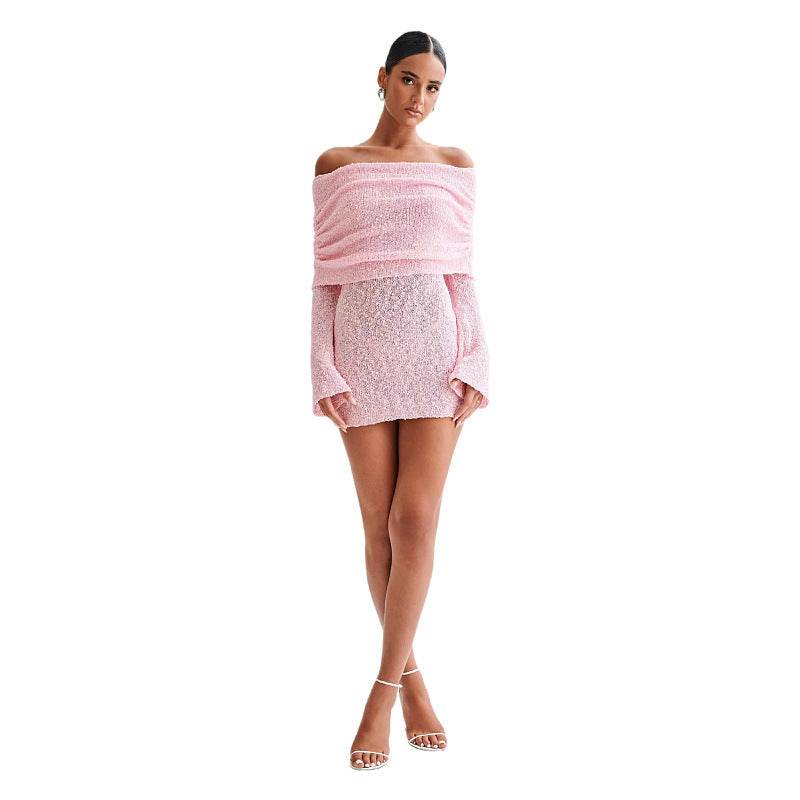 Women's Spring Summer Knitted Dress Elegant Party Boat Neck Dress Infant Off Shoulder Bodycon Long Sleeve Fuzzy Short Club Chic Mini Dress - Velora