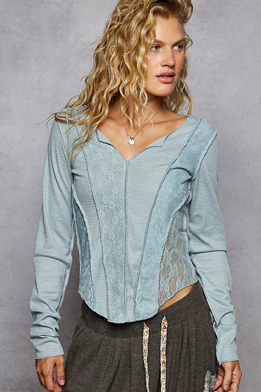 POL Lace Patchwork Long Sleeve T-Shirt - Velora