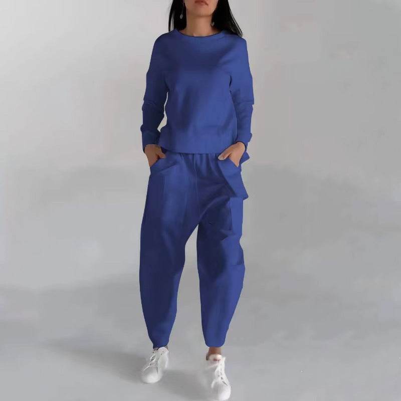 Solid Color Fashion Sweatshirt Long Sleeve Back Slit Top With Pockets Loose Trousers Women's Clothing - Velora