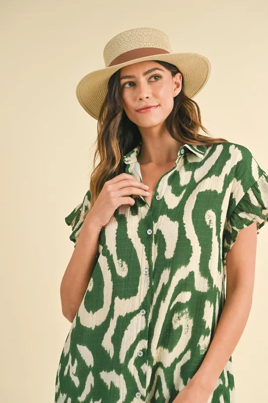 Annie Wear Abstract Printed Frill Sleeve Shirt Mini Dress - Velora