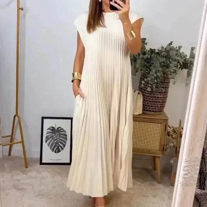 Women Summer Pleated Maxi Dress Casual Short Sleeve Crewneck Flowy Swing Long Dress with Pockets - Velora