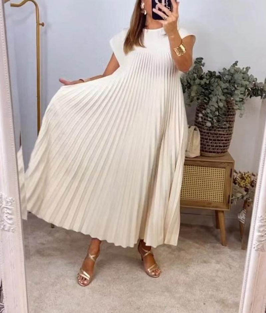 Short Sleeve Pleated Long Dress Summer Round Neck Dress Women's Clothing - Velora