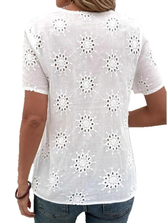 Eyelet V-Neck Short Sleeve Top - Velora