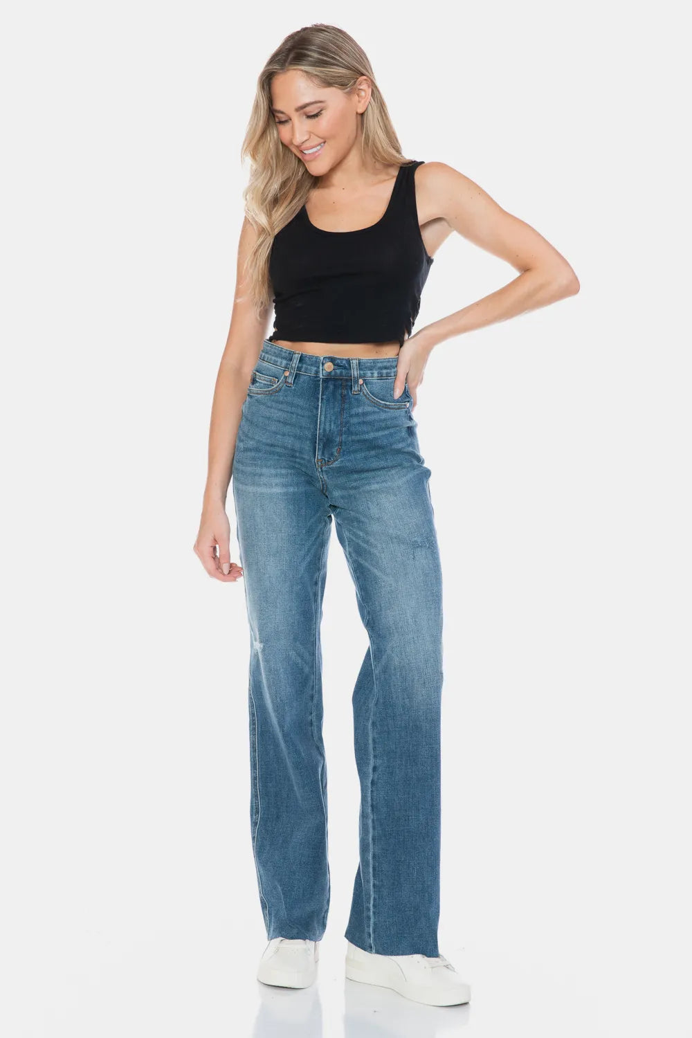 Judy Blue Full Size Tummy Control Cut Raw Hem Straight Jeans - Velora