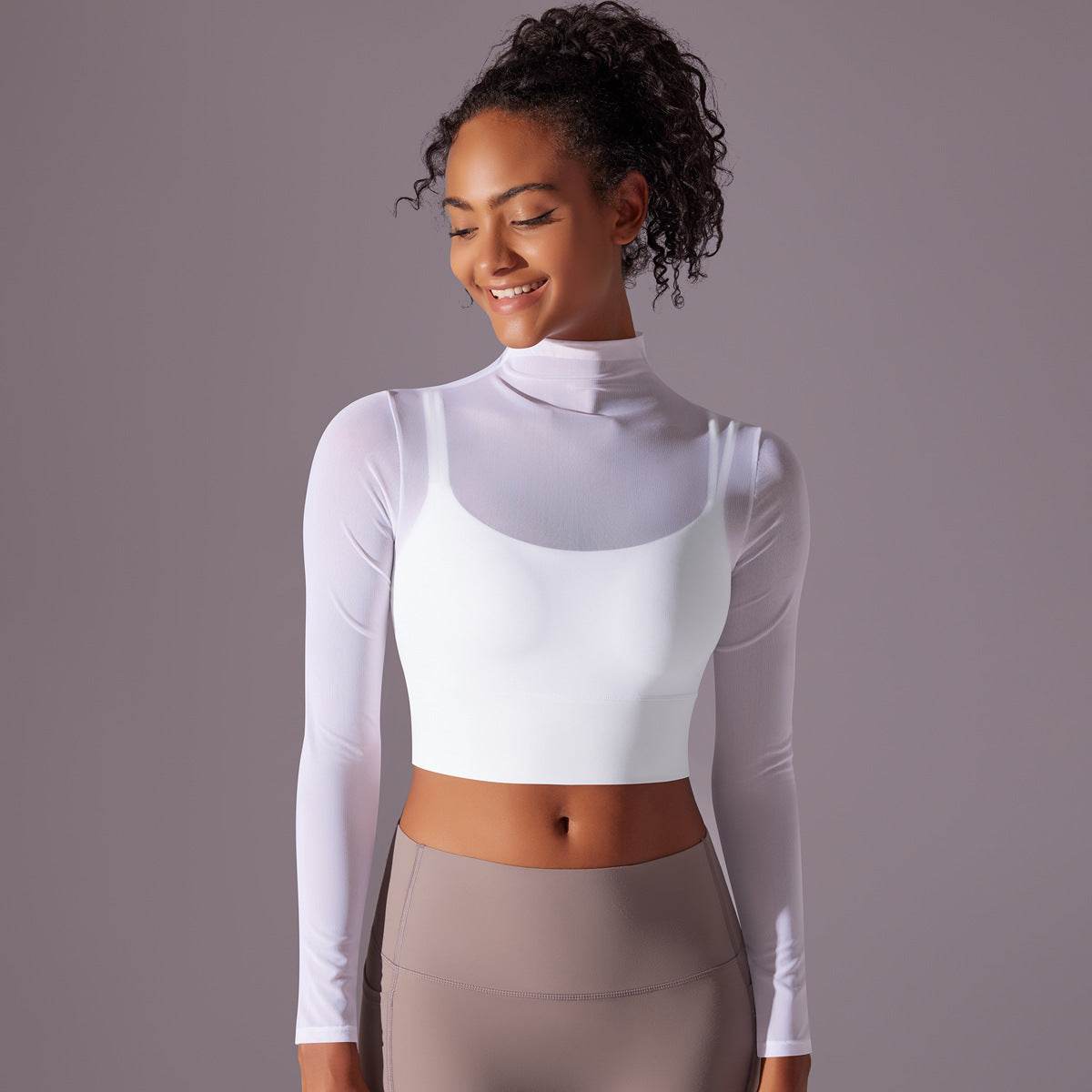 Quick Drying Gym Slim Fit Mesh Turtleneck Long Sleeve Workout Crop Top - Velora