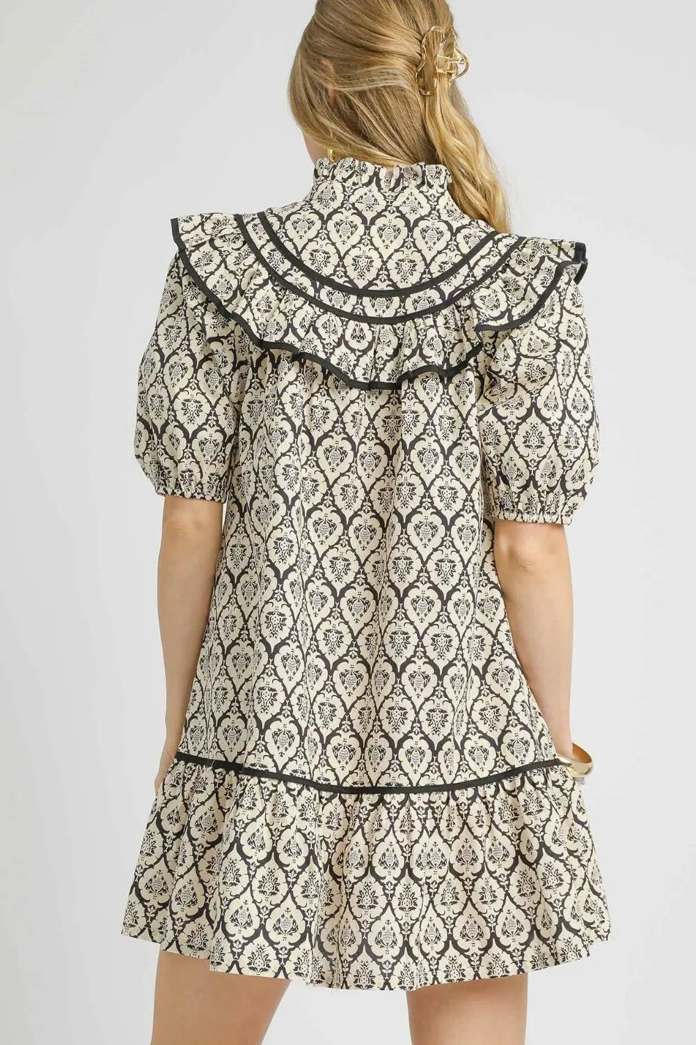 Umgee Ruffled Printed Puff Sleeve Mini Dress - Velora