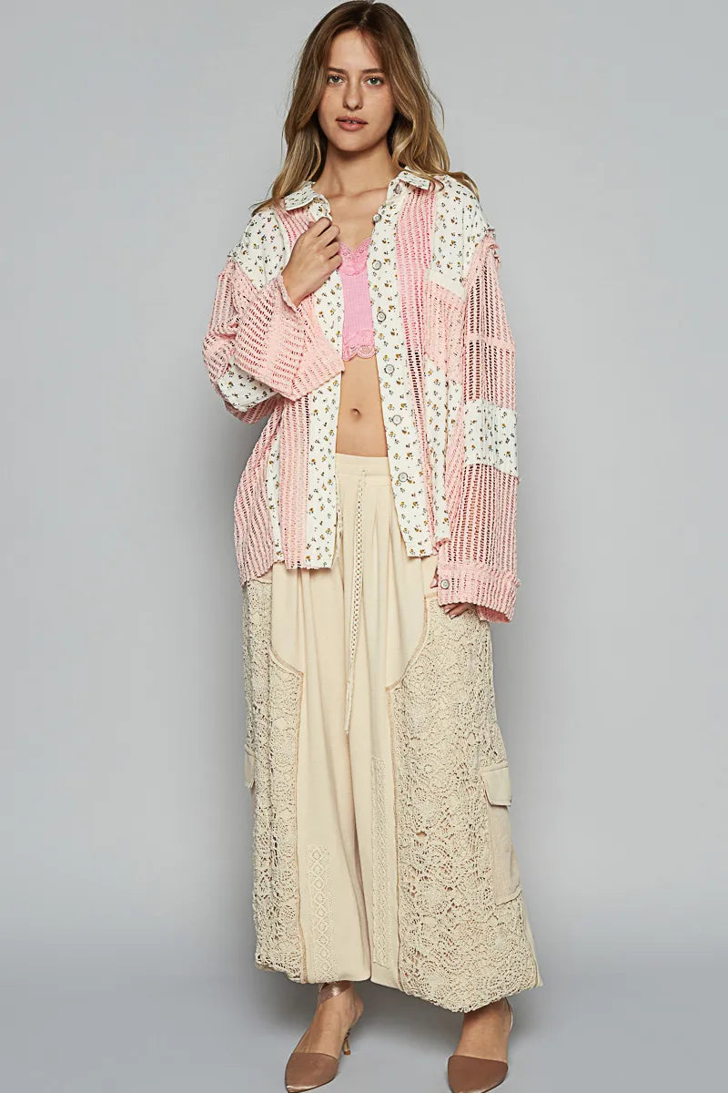POL Floral Crochet Patchwork Long Sleeve Shirt - Velora
