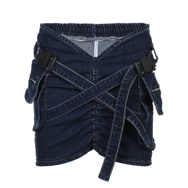 Cross School Bag Buckle V-shaped Waist Workwear Denim Mini Cargo Skirt - Velora