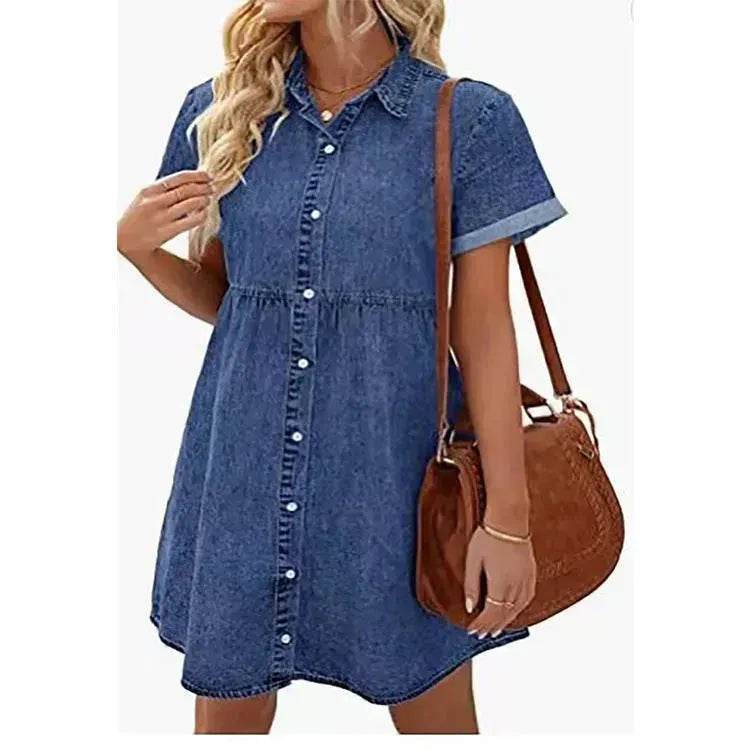 European And American Washed Denim Lapel Ruffled Denim Dress Jeans Flared dress Casual Denim mini dress - Velora