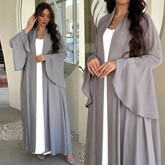 Abaya two piece set Elegant Satin Plain Color Abaya Kimono Open front Abaya Dubai Abaya wear for Middle East Women - Velora