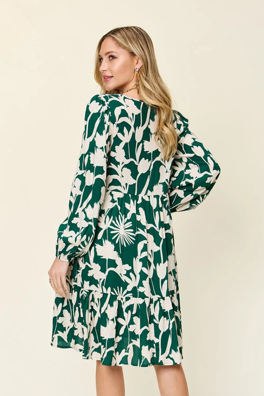 Double Take Full Size Printed Ruffle Hem Dress with Pocket - Velora