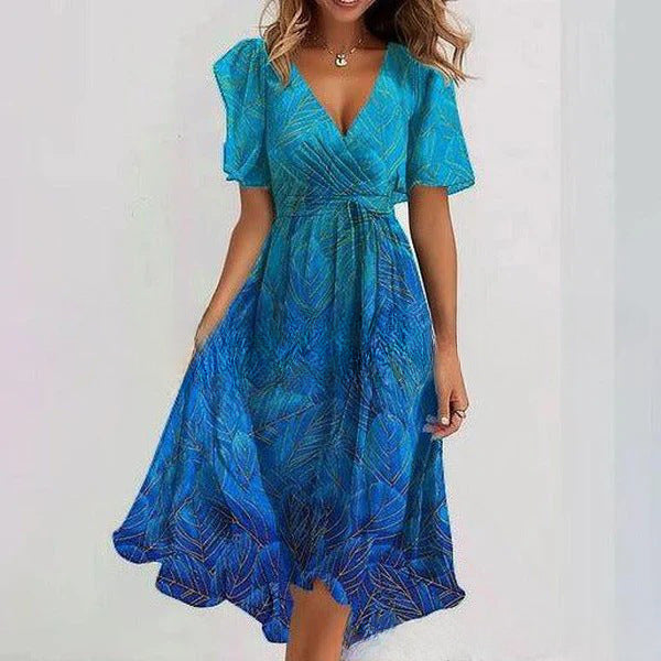 Flowers Printed V-neck Dress Summer A-line Short-sleeved Dresses For Women Velora