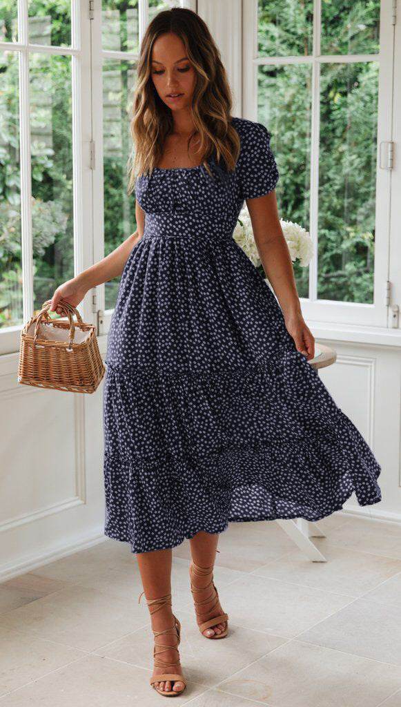 Square Collar Short Sleeve Dress Summer Puff Floral Printed Dress Long Dresses - Velora