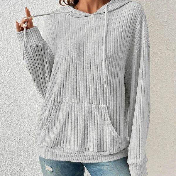 Fashion Drawstring Long-sleeved Hooded Sweatshirt With Pockets Solid Sunken Stripe Hoodie Knitwear Womens Clothing - Velora