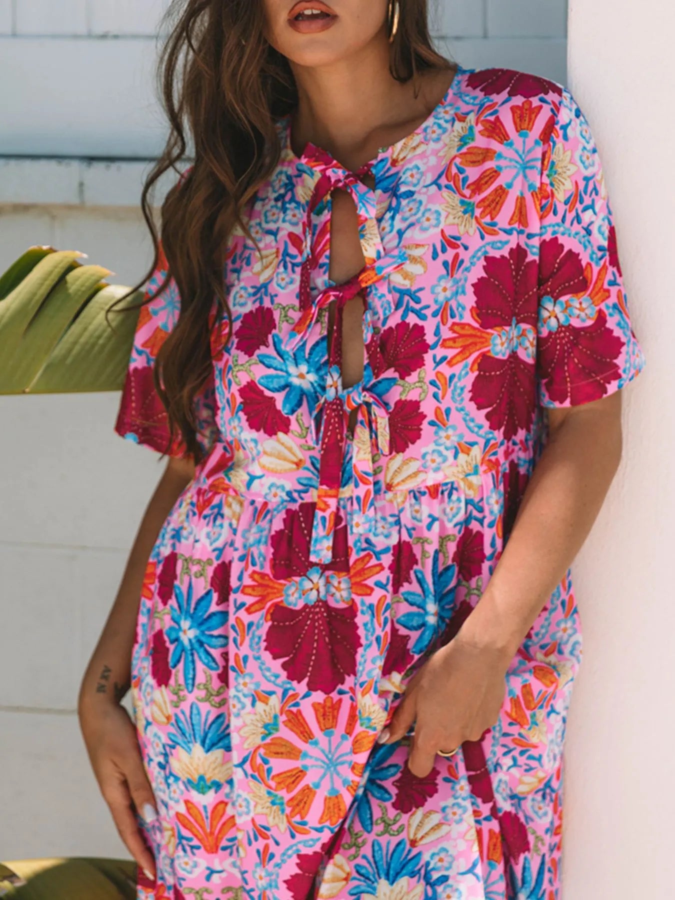 Floral Print Tie Front Midi Dress - Velora