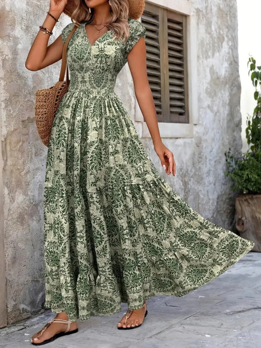 Vintage Floral Cap Sleeve Maxi Dress - Velora