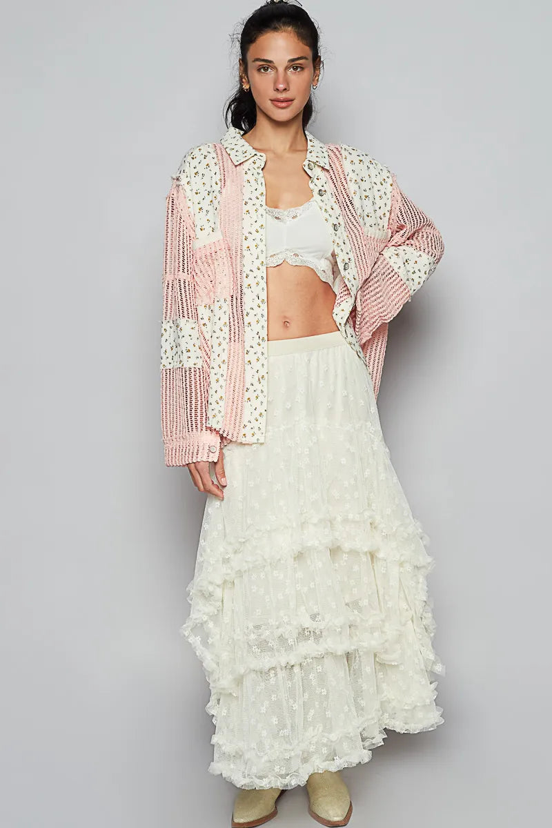 POL Floral Crochet Patchwork Long Sleeve Shirt - Velora