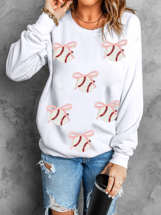 Sequin Bow Baseball Patched Casual Sweatshirt - Velora