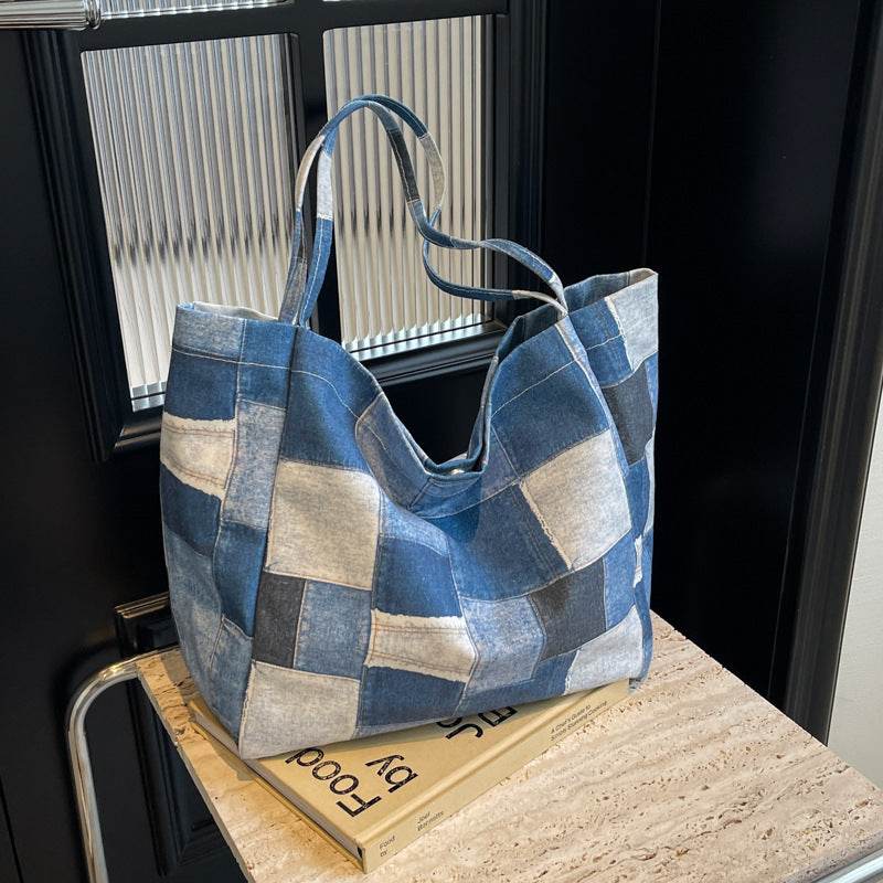 Women's Large Capacity Denim Color-contrast Check Idle Style Shoulder Commute Leisure Handbag Versatile Tote Bag - Velora