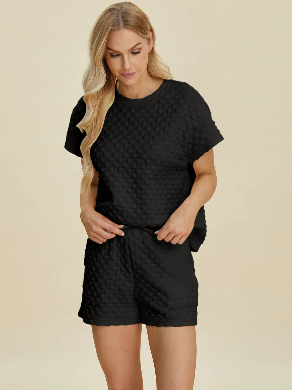 Double Take Full Size Texture T-Shirt and Shorts Set - Velora