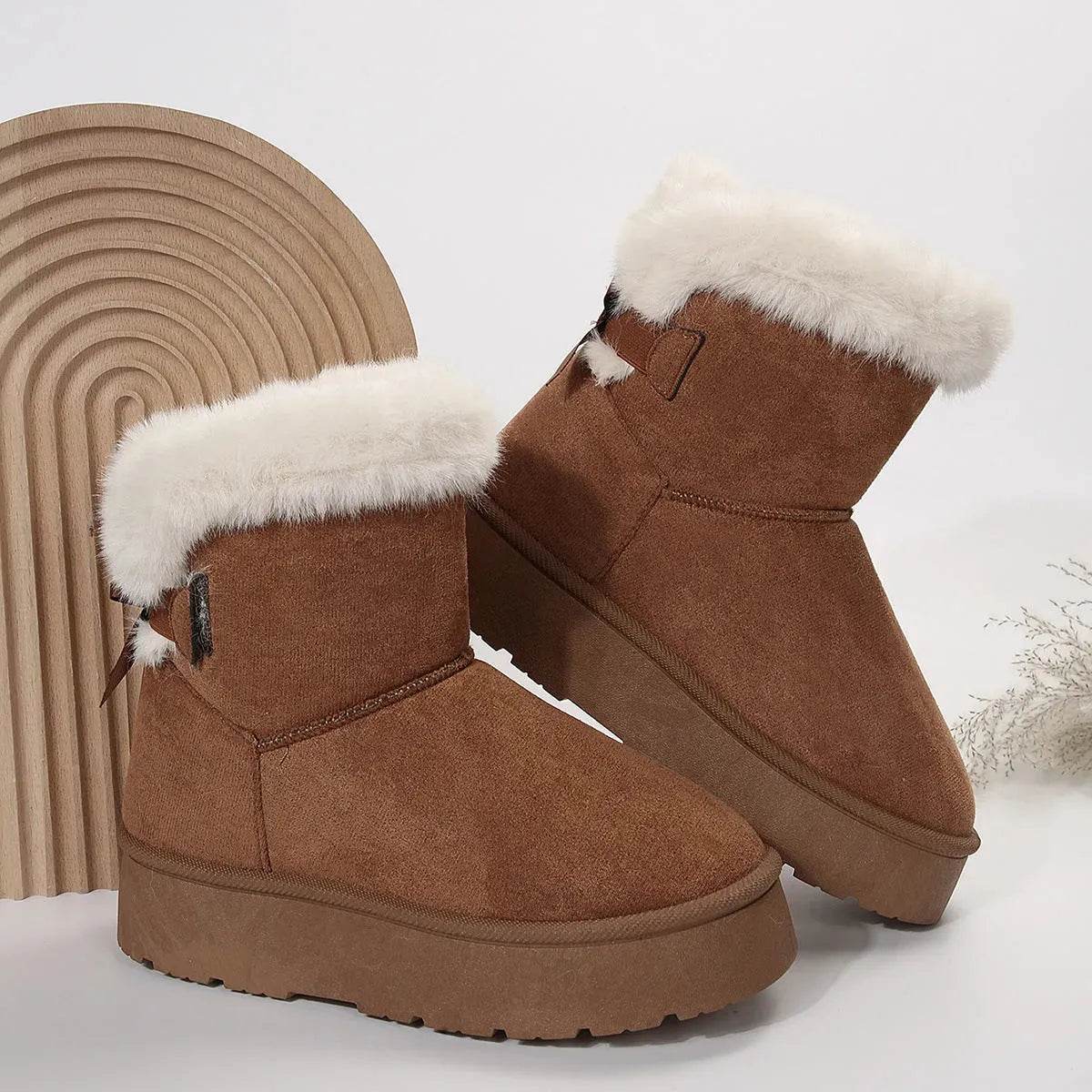 New Bow-knot Snow Boots Winter Plus Velvet Warm Thick-soled Ankle Boots For Women Simple Daily Leisure Cotton Shoes - Velora