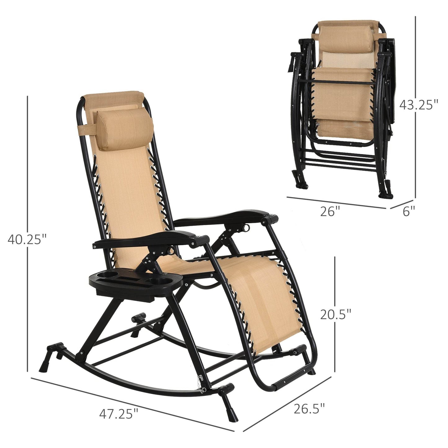 Ergonomic Recline Beige Zero Gravity Rocker With Headrest, Tray Phone Holder