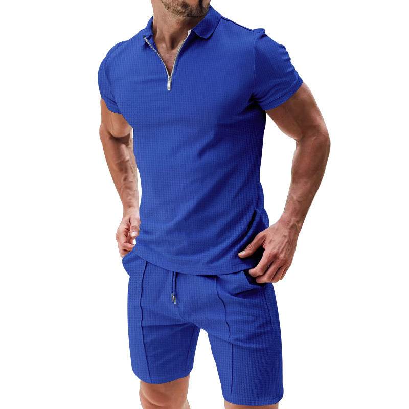 2Pcs Casual Waffle Suit Summer Zipper Lapel Short-sleeved Top And Drawstring Pockets Shorts Versatile Solid Color T-shirt Set For Mens Clothing - Velora