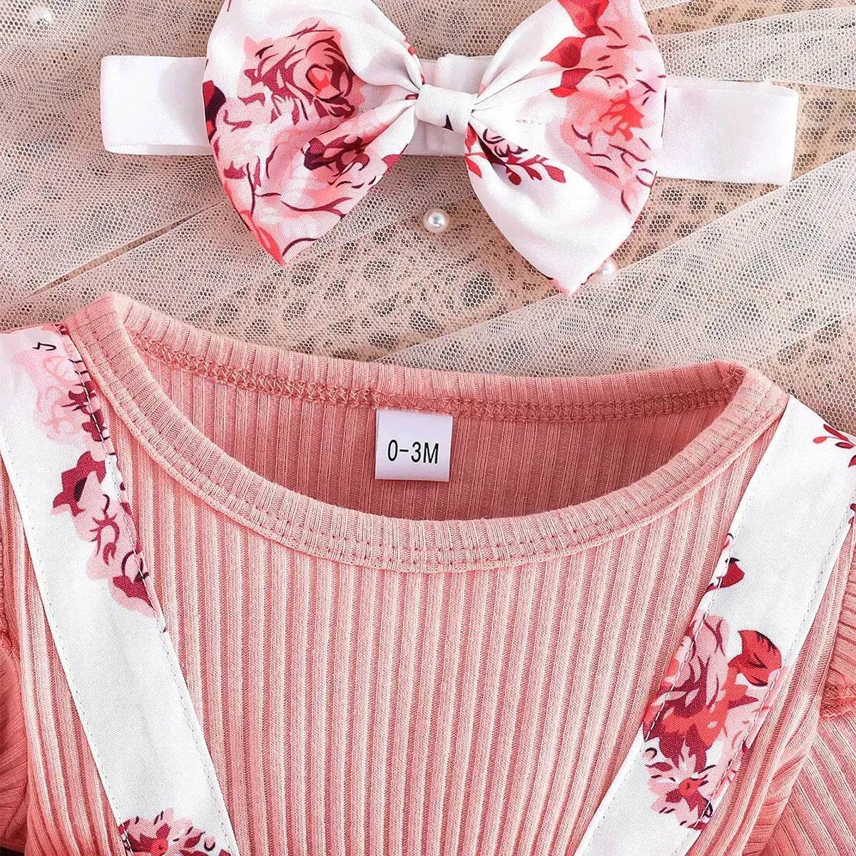 Latest Popular Sweet Long Sleeve pink Romper White Floral Suspender Skirt two piece for baby girls - Velora