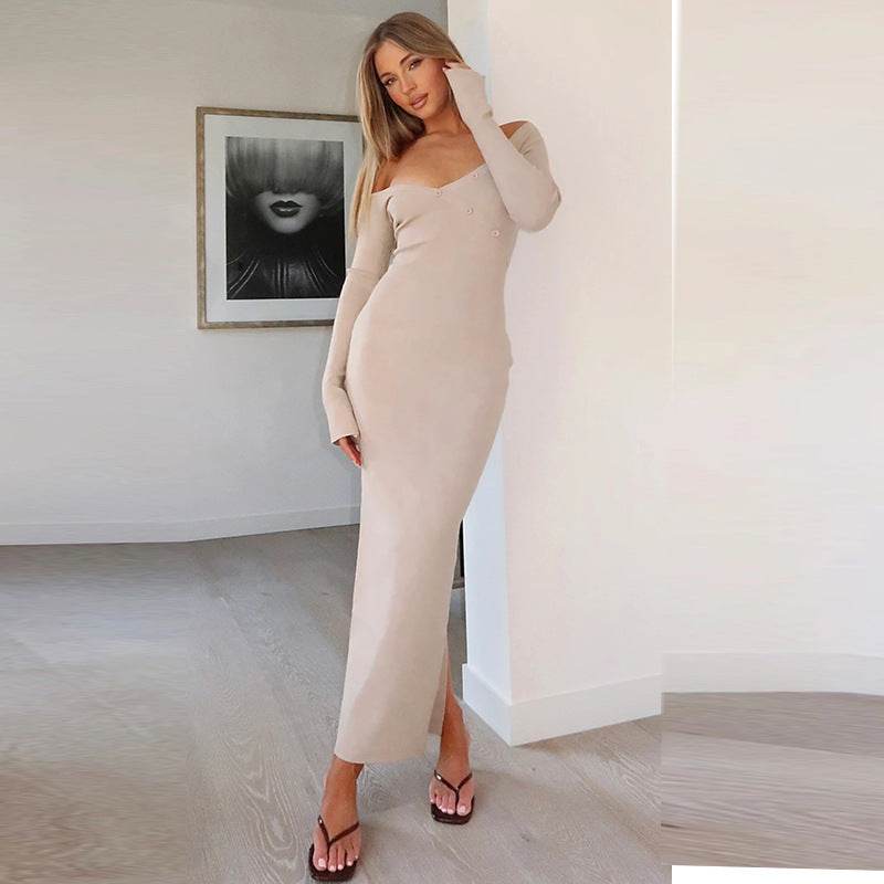 Women's Irregular Slant Shoulder Back Slit Long Dress - Velora