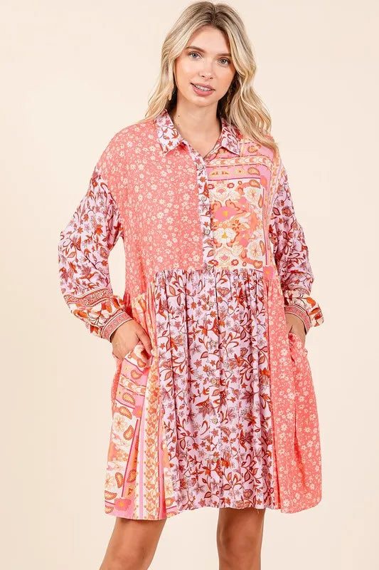 Mittoshop Floral Button Detail Long Sleeve Shirt Dress - Velora