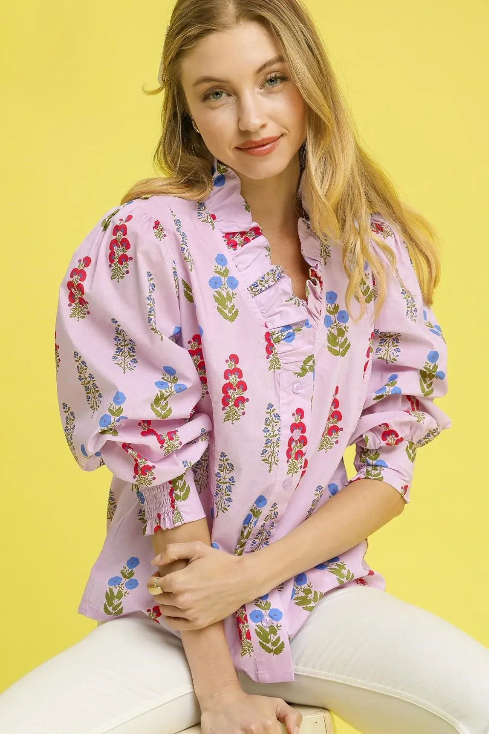 Umgee Floral Print Lantern Sleeve Button Down Shirt - Velora
