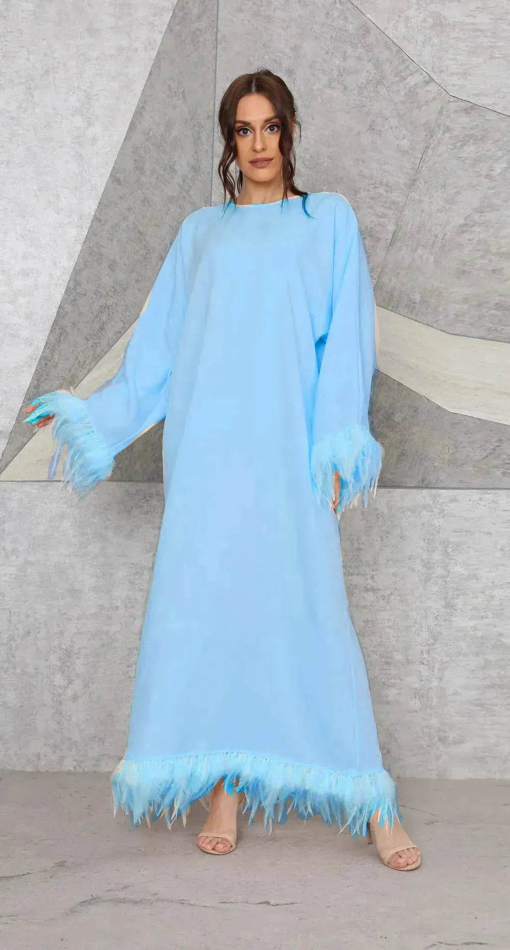 Feather Long Sleeve Middle East Arabic Elegant Round Neck Dress - Velora