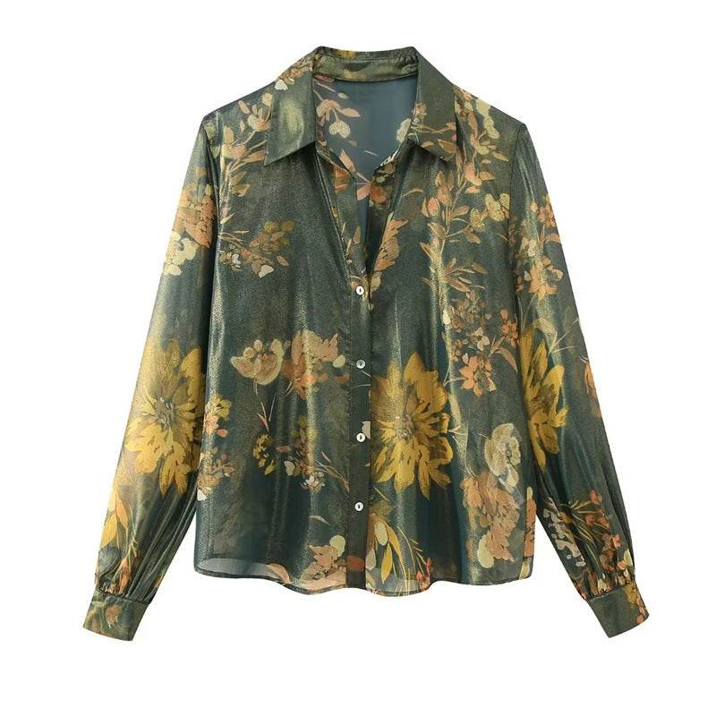 2pcs Floral Satin Skirt suit Long sleeve button shirt and Pleated Midi Skirt Outfit set - Velora
