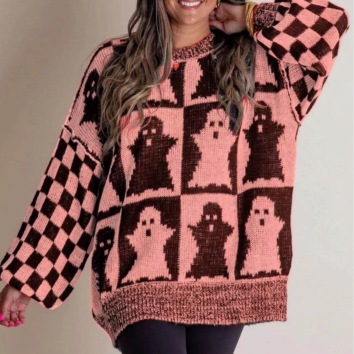 Halloween Cartoon Pumpkin Ghost Sweater Winter Loose Pullover Knitted Top Fashion Women's Clothing - Velora