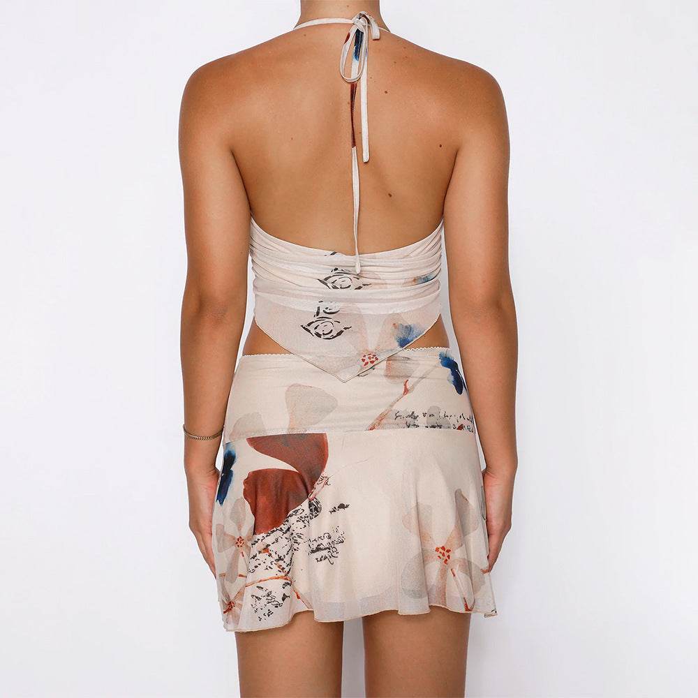 2Pcs Printed Suit Summer Sexy V-neck Halter Top And Pleated Short Skirt Women's Dress Set Clothing - Velora