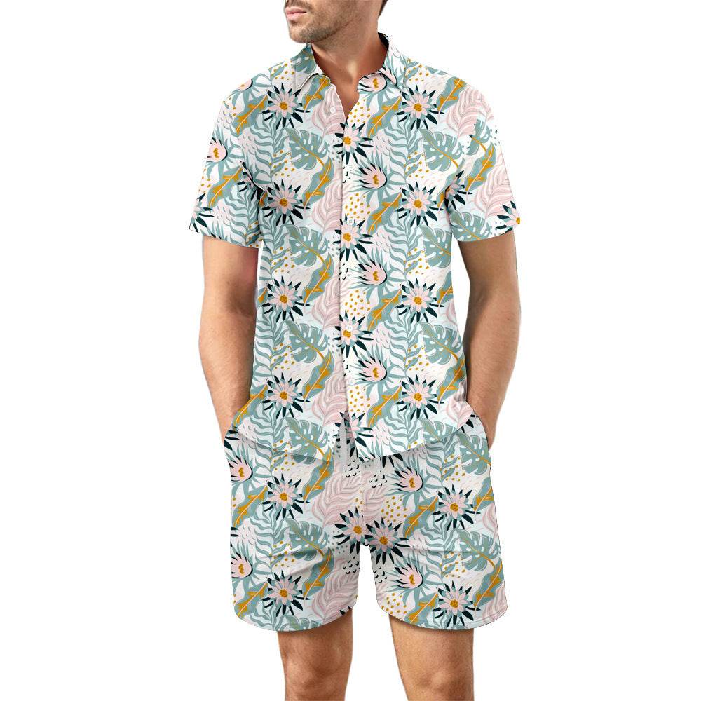 2Pcs Printed Beach Shirt Summer Suit Loose Lapel Button Top And Drawstring Pockets Shorts Casual Short Sleeve Suits For Men Clothing - Velora