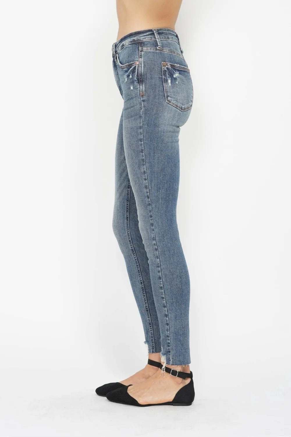 Judy Blue Full Size Tummy Control Vintage Wash Hem Destroy Skinny Jeans - Velora