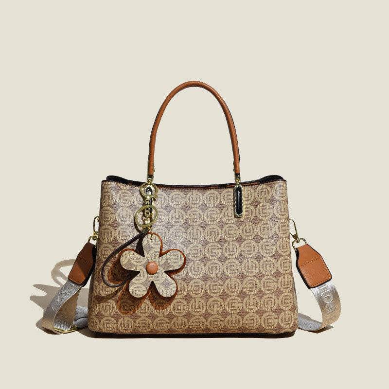 Printed Tote Bag With Flower Pendant New Temperament Shoulder Bag For Women Fashion Large-capacity Crossbody Bag - Velora