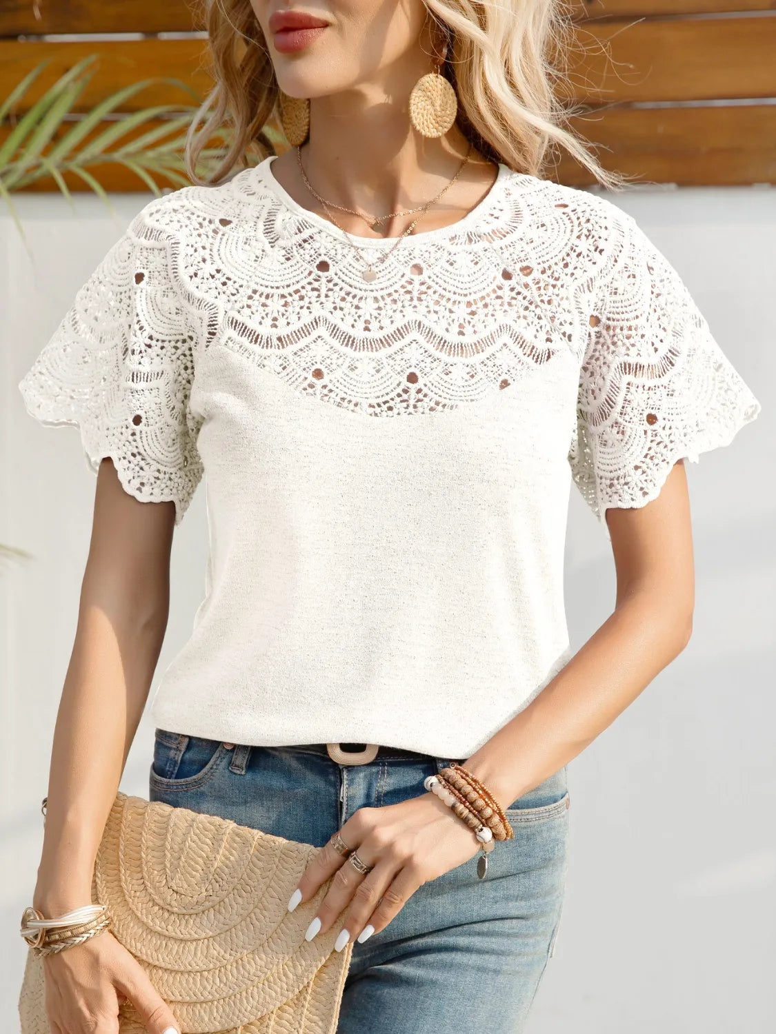 Round Neck Short Sleeve Crochet Top - Velora