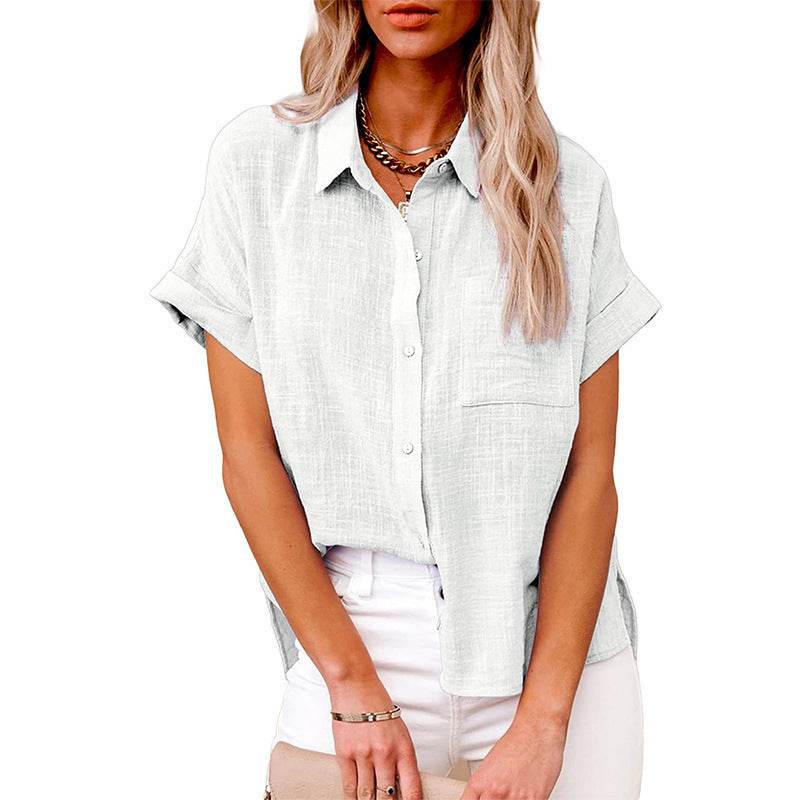 Summer Lapel Short Sleeve Shirt With Pockets Fashion Casual Solid Color Button Tops Women's Clothing - Velora