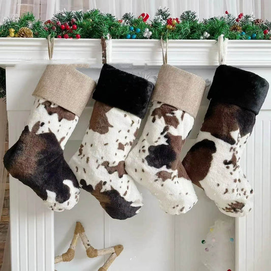 20-inch Plush Christmas Stockings Cows Pattern Gift Bag - Velora