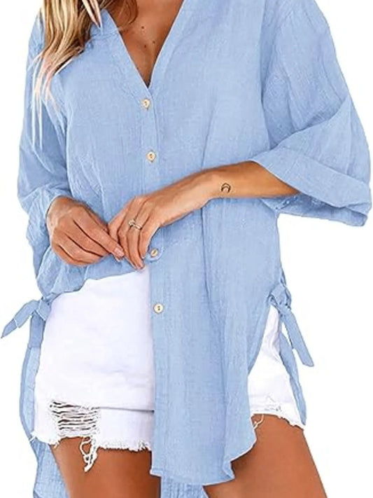 Linen Blend Button-Down Tunic Shirt - Velora