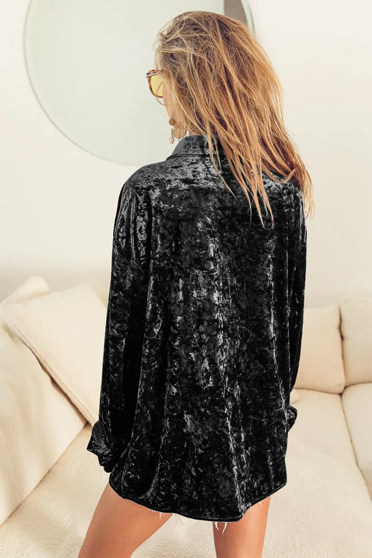 BiBi Button Up Long Sleeve Velvet Shirt - Velora