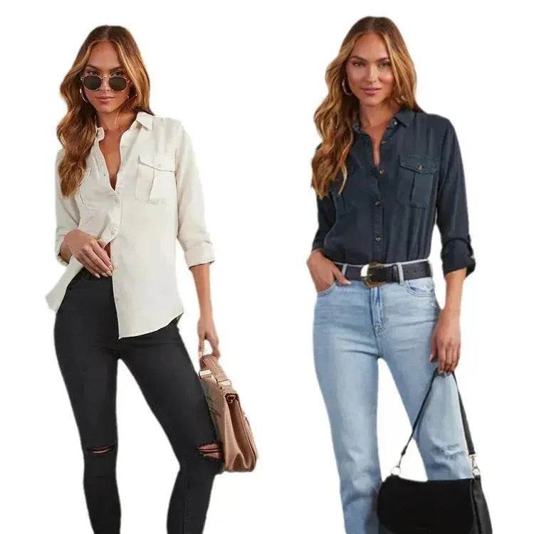Formal Work Denim shirts for women Leisure Lapel Single Breasted Women's Long Sleeve Denim Shirt Women button down shirts - Velora