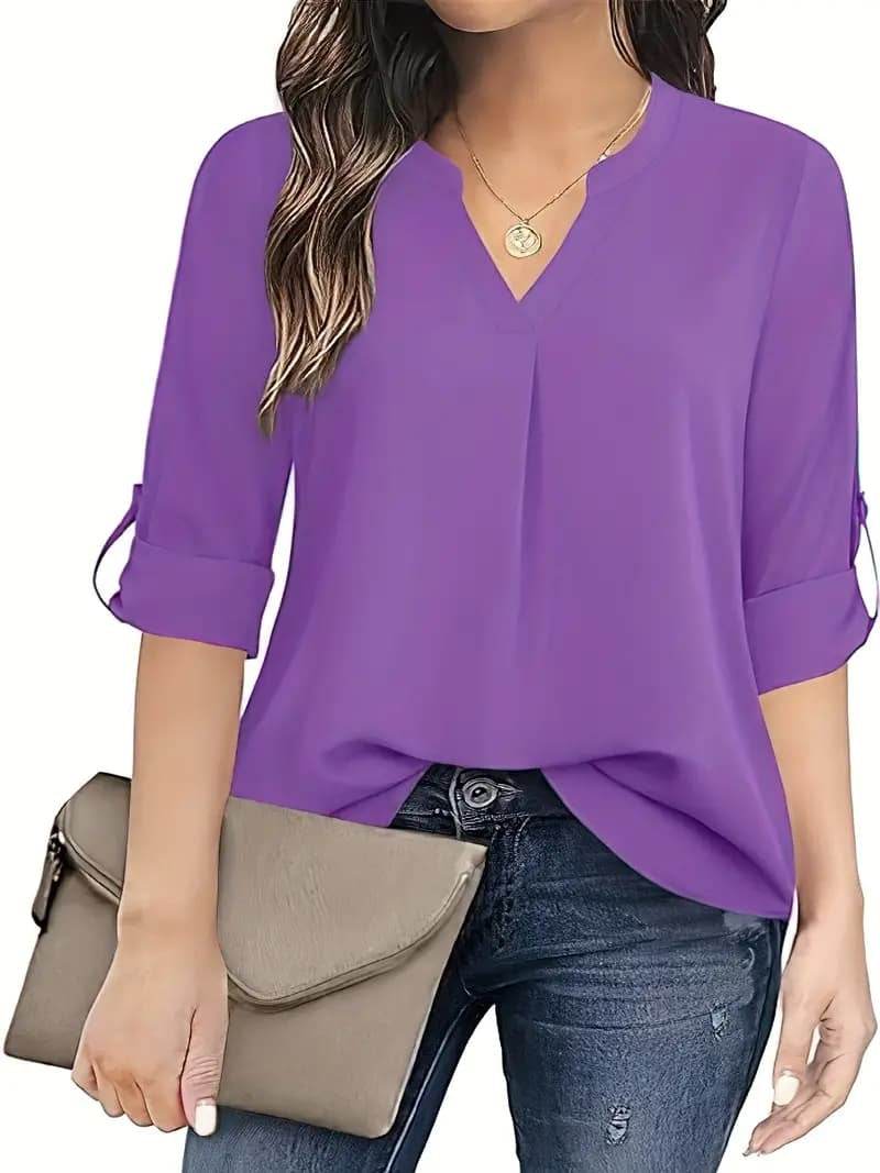 Solid Color Simple Blouse, Casual V-neck Long Sleeves - Velora