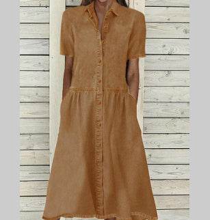 Women's European And American Lapel Casual loose button down Midi Denim jeans Mum Dress - Velora