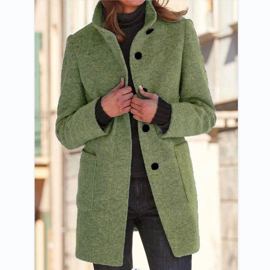 Fashion Stand Collar Woolen Coat With Pockets Fall Winter Casual Button Outwear For Women Clothing - Velora