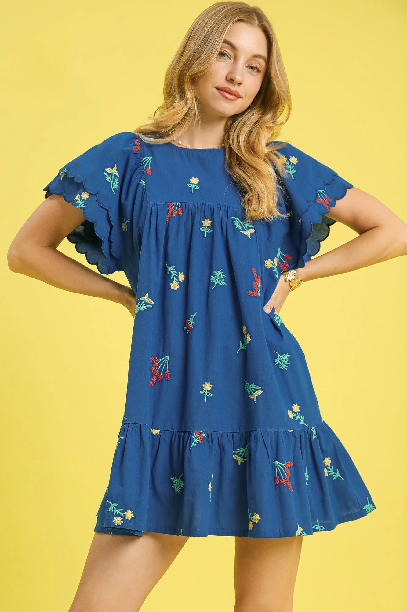 Umgee Floral Embroidered Short Sleeve Mini Dress - Velora